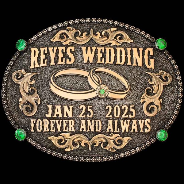 "Keep the Memory of your Big Day close with our Fallbrook Custom Belt Buckle. This Buckle is crafted on a matted, German Silver base with our signature antique finish. Details such as the berry edge, 4 cubic zirconia stones, and Jeweler's Bronze scro